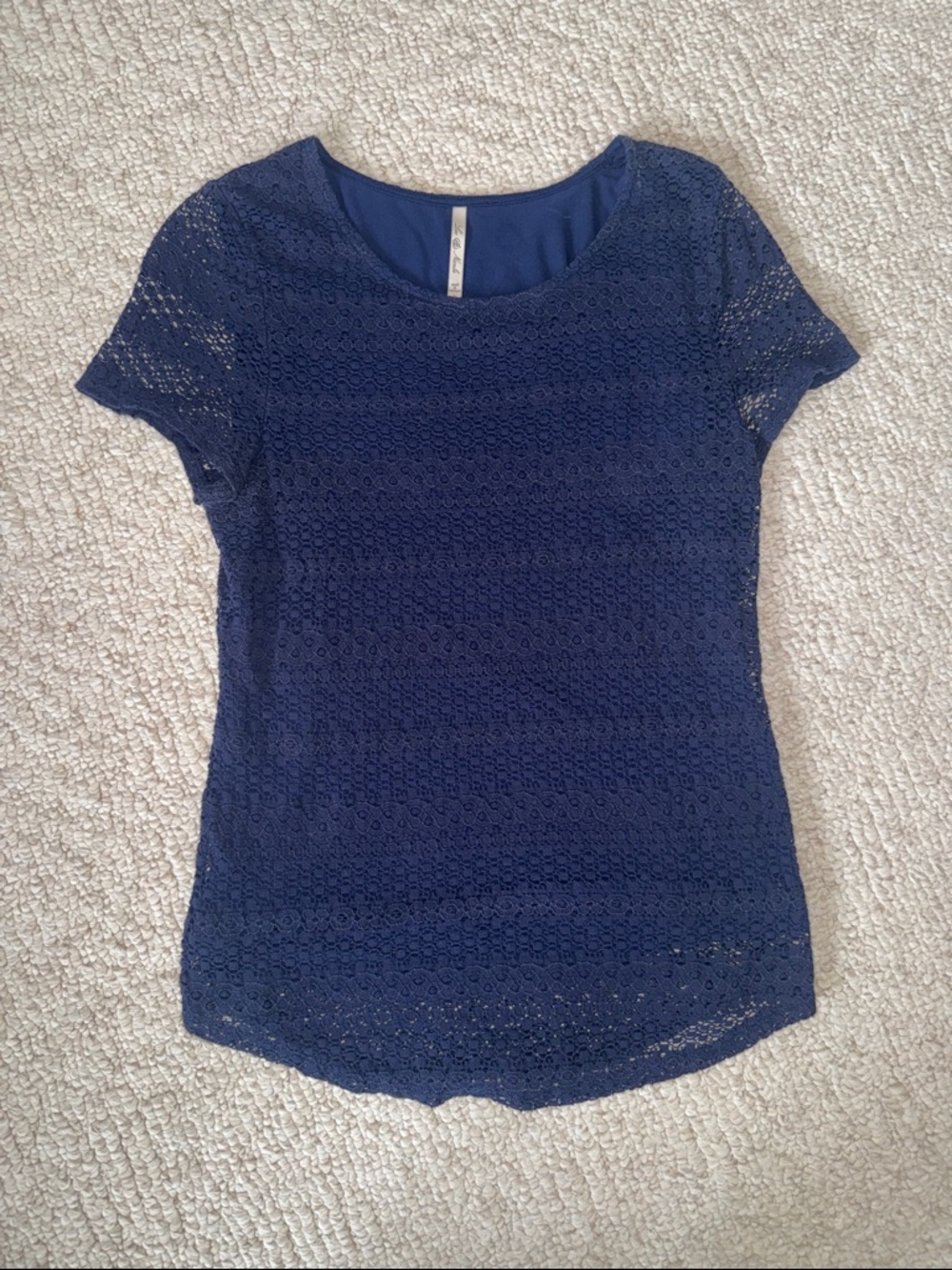 Leo & Nicole Navy Lace Overlay Short Sleeve Top